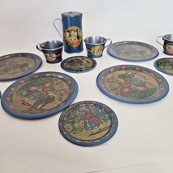 Children's Tin Litho Complete Tea Set of 4 Little Red Riding Hood Reproduction - Picture 4 of 11